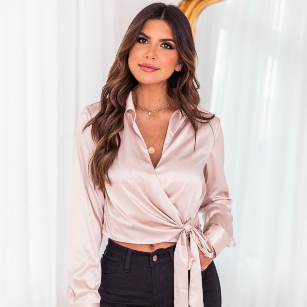 Champagne Satin Tie Waist Top